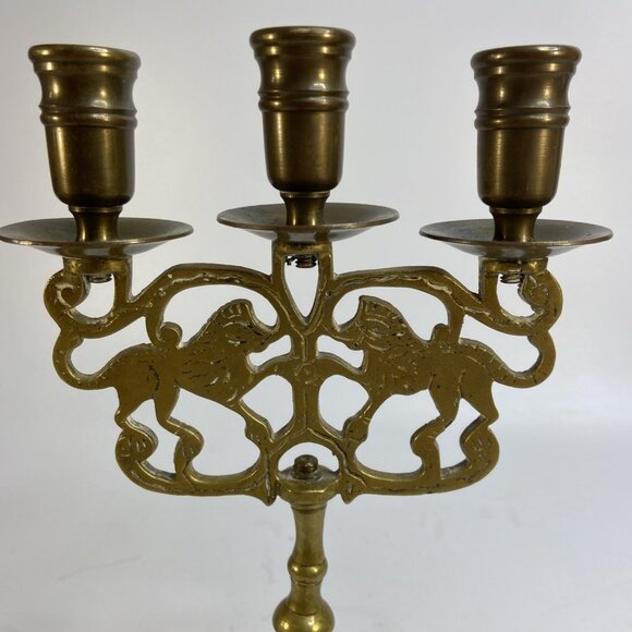 Vintage Solid Brass Lion of Judah Candelabra 3 Candle Holder Jewish Sabbath 11in - Picture 2 of 6